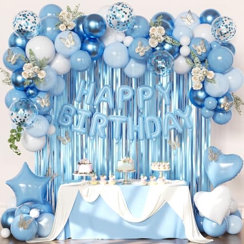 Dusty Blue Birthday Decorations, Chrome Dusty Light blue White Confetti Foil Balloons Happy Birthday Banner Gold Butterfly Fringe Curtains, Blue Birthday Decorations for Girls Women - Image 1