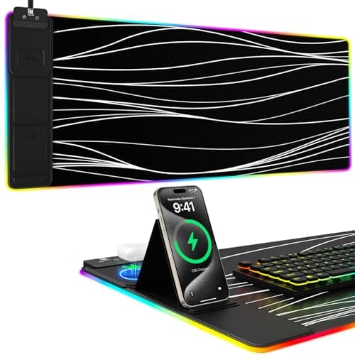 Mouse Pad with Phone Holder, Wireless Charging Desk Mat, RGB Gaming Mousepad Home Office Large Desk Pad with Ultra-Smooth Surface, Non-Slip Base, Waterproof Keyboard Pad,Wavy Black - Image 1