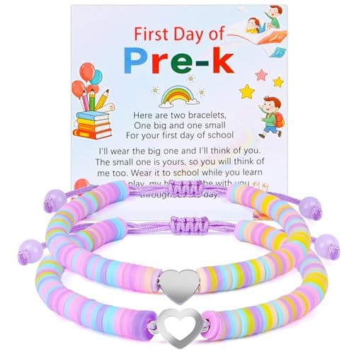 First Day of School Mommy and Me Matching Bracelets Kindergarten Pre-K Back to School Clay Bead Jewelry for Mother, Daughter, Dad, Son Adjustable Heart Bracelets Gift (Purple-Back to School Bracelet) - Image 1