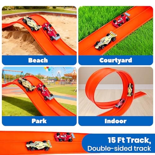 FUTESI Flexible Race Car Track for Kids 15 Ft Flex Tracks Starter Set Compatible with Diecast 1/64th Cars Portable Rolls Up Race Tracks with Strong Suction Cups Birthday Gifts for Boys Girls Ages 3+ - Thumbnail 6