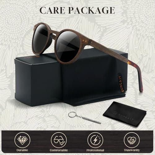 SUNGAIT Round Wood Polarized Sunglasses Women Men Vintage Retro Oak Walnut Rosewood Wooden Shades UV Protection (Walnut Frame/Grey Lens) - Thumbnail 6
