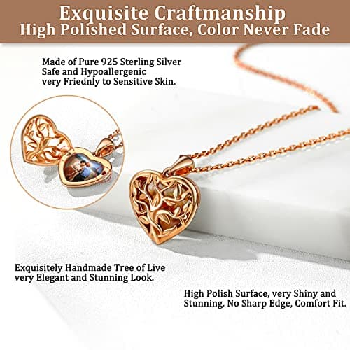 Bestyle Rose Gold Heart Tree of Life Locket Necklace for Women, Small Cute Sterling Silver Heart Locket Choker Necklace Fashion Locket Jewelry, Silver Rose Gold Chain 18"+2 - Thumbnail 5