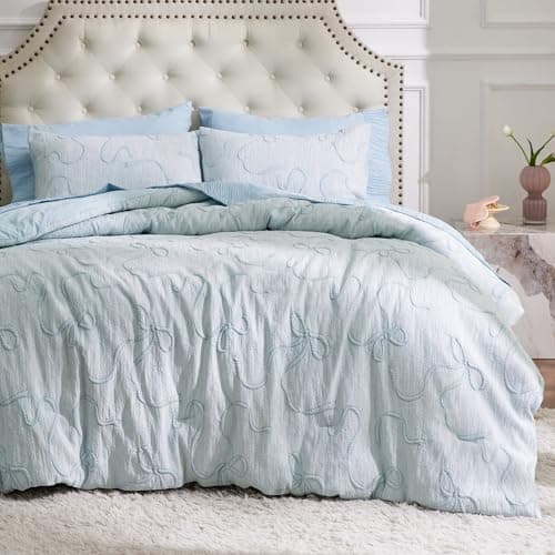 Bedsure Dusty Blue Comforter Set Queen, GentleSoft™ 3 Pieces Breathable Bow Comforter Set Women Girls with 2 Pillow Shams, Cute Queen Bedding Sets Room Decor Aesthetic Bedroom Decor, 90x90 Inches