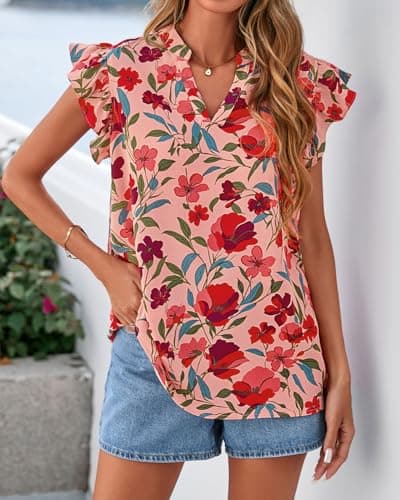 Zenlonr Womens Dressy Casual Tops 2026 Summer Ruffle Cap Sleeve V Neck Shirts Boho Floral Blouses Vacation Outfits(Floral Orange Pink Red,XX-Large) - Thumbnail 2