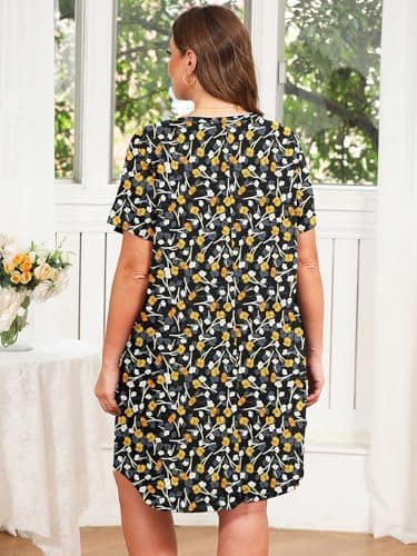 AusLook Plus Size Floral Nightgown for Women Midi Sleep 1X Dress Short Sleeve V Neck Flowy Lounge House Dress Casual Printed Night Dress - Thumbnail 5