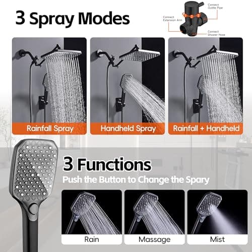 XXL 12.2" Rain Shower Head with Handheld Spray Combo, High Pressure Rainfall Shower Head, Height Adjustable Dual Shower Head, Luxury Waterfall Showerhead Bathroom - Thumbnail 4