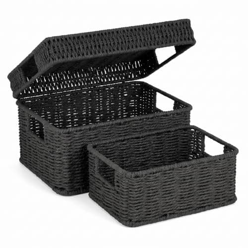 GANLUX Wicker Storage Basket with Lid - Woven Basket for Storage,Rectangular Decorative Boxes Bins with Lids for Shelves,living room, Nursery, 2 baskets+1 lid(Black) - Image 1