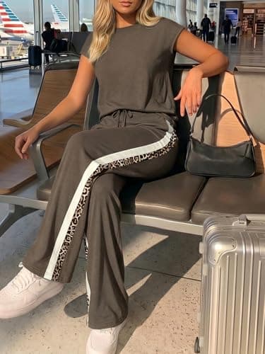 Casly Lamiit Women's 2 Piece Outfits Travel Set Track Suits Casual Shorts Workout Set Short Sleeve Crew Neck Jumpsuits Coffee XS - Thumbnail 4