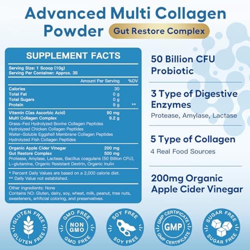 ZEBORA Multi Collagen Peptides Powder with Probiotic for Gut Health, Hydrolyzed Collagen with Digestive Enzymes, Prebiotics for Women, Support Digestive Health, Skin, Hair, Joints, Non-GMO,35 Servings - Thumbnail 2