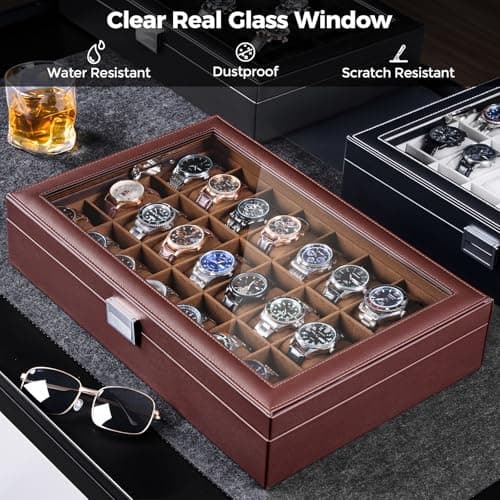 ProCase Watch Box for Men, 24 Slot Display Case with Real Glass Lid and Removable Pillows. Premium Storage Holder Organizer, Gift for Dad & Father's Day & Watch Collectors -Dark Brown - Thumbnail 4