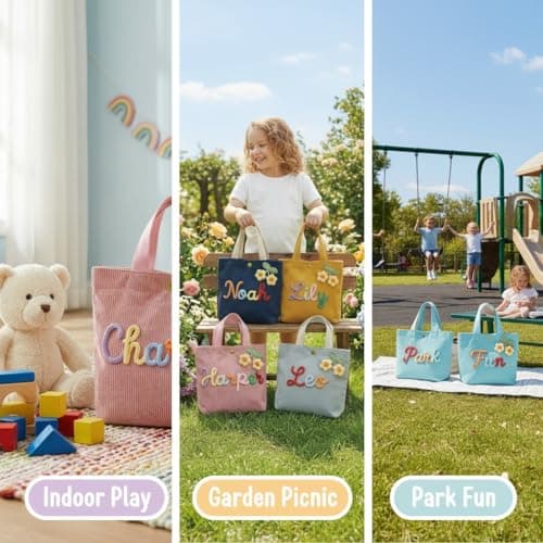 Personalized Corduroy Tote Bag with Custom Name, 3D Crochet Flower Tote Bag for Girls, School Travel Purse, Birthday Gift for Daughter Granddaughter | Customizable - Thumbnail 6