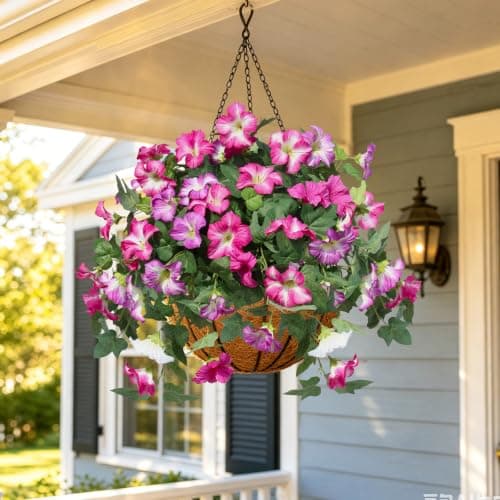 Flortevera Artificial Fake Flowers Plants for Outdoor UV Resistant, 2PCS Silk Faux Petunias No Fade Summer for Outside Planter Front Door Porch Yard Patio Balcony Realistic Decoration Fuchsia White - Thumbnail 5