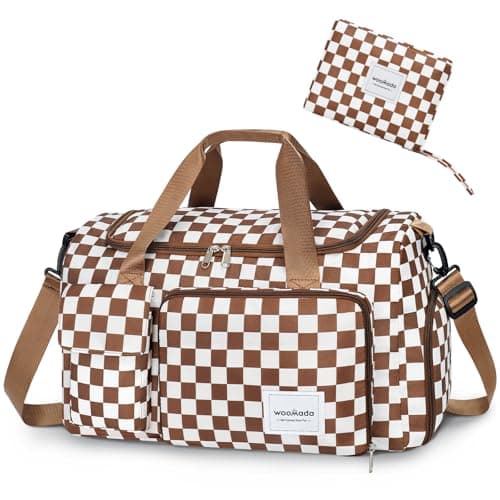 WOOMADA Foldable Travel Duffel Bag for Women, Weekender Bags with Shoes Compartment,Overnight Bag with Wet Pocket & Trolley Sleeve(brown checkerboard) - Image 1
