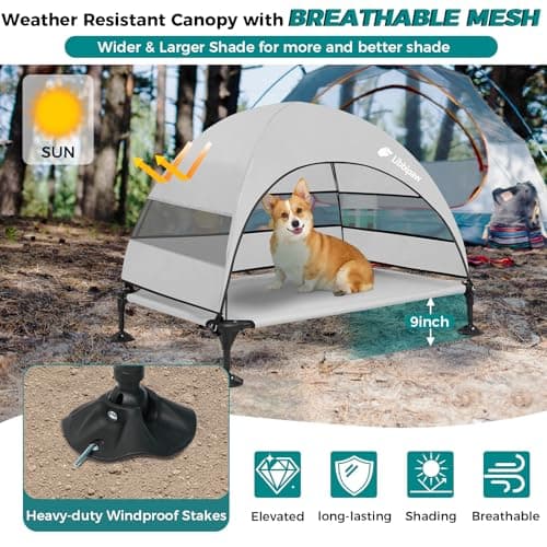 Libbipaw Windproof Elevated Dog Bed with Canopy & Stakes, 3-Sided 90% UV Block, Chew-Proof Teslin Mesh Mat for Large Dogs up to 150lbs(Grey Large) - Thumbnail 6