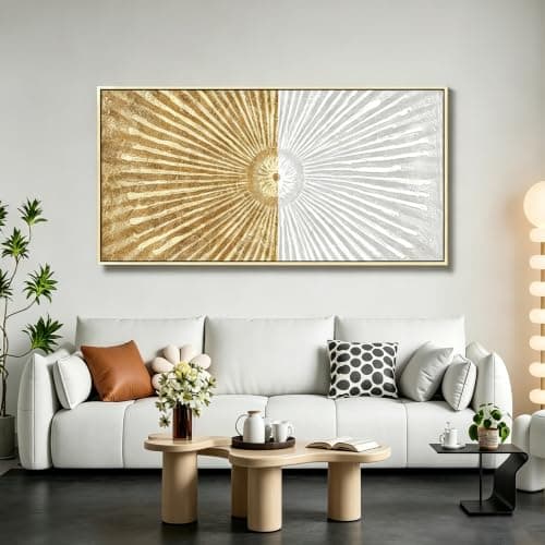 20"x40" Framed Canvas White and Gold Wall Art Symmetrical Line Abstract Modern Wall Decor Art for Living Room Bedroom Bathroom Office Wall Decor - Image 1
