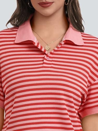 Casly Lamiit Lounge Set for Women Travel Outfits 2026 Summer Spring Color Block Tee Shirts Striped Shorts Beach Sets Two Piece Going Out Resort Wear Red Pink S - Thumbnail 5