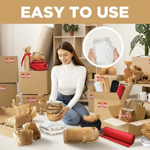 Honeycomb Packing Paper, 12"x300' White | Perforated Honeycomb Packing Paper Recyclable Moving Supplies for Shipping & Moving | Plastic-Free Alternative to Bubble Cushion Wrap with 36 Fragile Stickers - Thumbnail 2