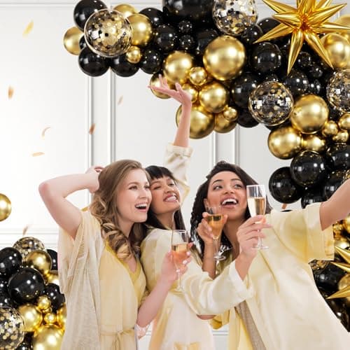 Black and Gold Balloon Garland Arch Kit, 140Pcs Black Gold Confetti Balloons with Stars for Birthday Graduation New Year Retirement Anniversary Wedding Engagement Party Decorations - Thumbnail 2