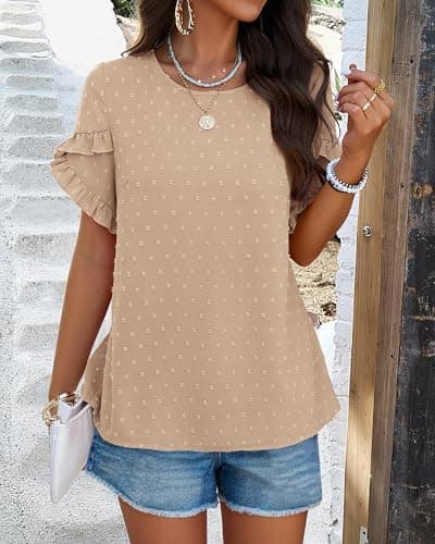 PRETTYGARDEN Women's Tops 2026 Summer Ruffle Short Sleeve Crewneck Blouses Swiss Dots Solid Loose Tunics Work Shirts(Khaki,XX-Large) - Thumbnail 4