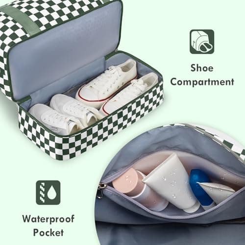 WOOMADA Weekender Overnight Bag for Women, Carry on Shoulder Travel Duffel with Shoes Compartment,Gym Bag with Toiletry Bag(green checkerboard) - Thumbnail 5
