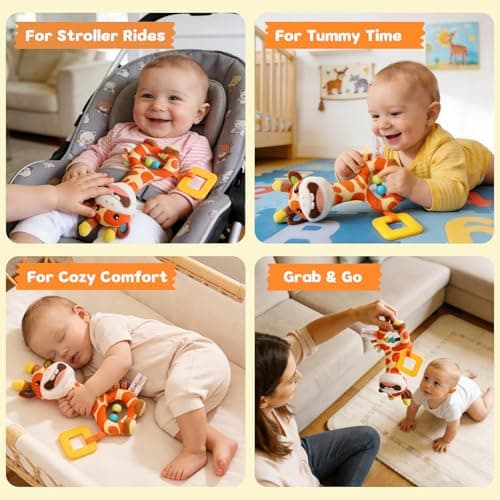 Baby Toy 0-12 Months - BPA-Free Soft Plush Sensory Toy with Gentle Squeaker, Safe Hand Grip & Teething Relief, Portable Newborn Toy for Diaper Bag, Baby Shower Gift (Orange Giraffe) - Thumbnail 5