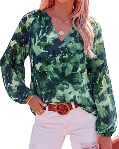 BTFBM Blouses for Women Dressy Casual Floral Summer Boho Tops V Neck Lightweight Long Sleeve Shirts Fall Clothes 2026(Print Green, Medium) - Image 1
