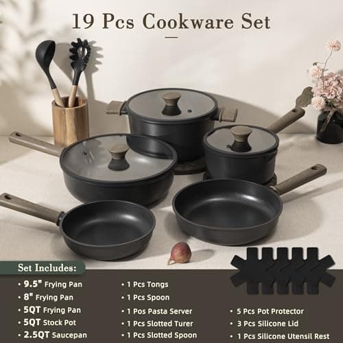 Astercook Non Stick Pots and Pans Set, Healthy Non-Toxic Titanium Induction Kitchen Cookware Sets for Cooking with Frying Pans, PFAS/PTFE/PFOA & PFOS Free, Black, 19 Pcs - Thumbnail 2