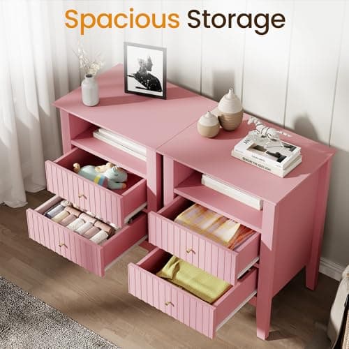 RoyalCraft Pink Fluted Nightstand Set of 2, Colorful Nightstand with 2 Drawers, Modern Wooden End Table with Storage for Small Spaces, Side Table for Bedroom, Couch, Home Office - Thumbnail 4