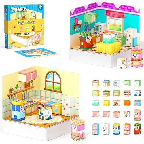 Gooidea Magnetic Blocks - 2-in-1 Magnetic Building Blocks, Creative Building Craft, Sensory Clicking & Rustling, Travel Toys, Kids Toys Games, Pocket-Sized Kitchen Magic Display