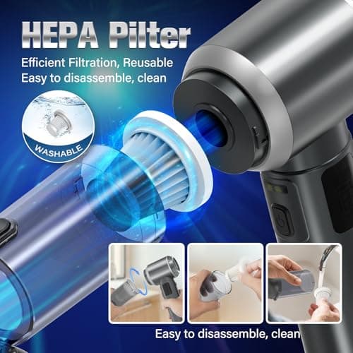 4-in-1 Handheld Vacuum Cordless&Air Duster, 28000pa Suction Power Car Vacuum Portable Cordless, Mini Vacuum with Digital Display and One-Click Dust Emptying for Car Home Office Kitchen Pet Hair(Gray) - Thumbnail 5