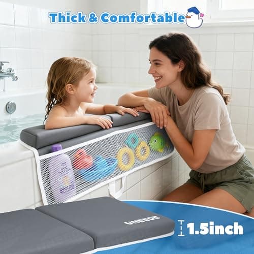 UNEEDE Baby Bath Kneeler and Elbow Rest Pad Set, 1.5” Thick Memory Foam Bath Kneeling Pad with Elbow Support, Bathtub Mat with Toy Organizer for Bathing Infant or Toddler, Grey - Thumbnail 2