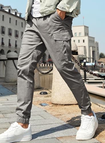 JMIERR Mens Fashion Cargo Pants - Casual Cotton Tapered Stretch Twill Chino Athletic Joggers Sweatpants Workout Trousers Travel Pants with Pockets for Men, US 38(XL), A Grey 2 - Thumbnail 2