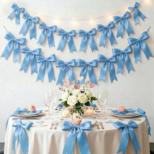 2 Strings Blue Bow Garland Banner, Pre-Strung Ribbon Bows Decorations for Birthday Party, Baby Girl Shower, Bridal Shower, Bachelorette Party, Girls Room, Wedding Decor, Christmas Tree Decorations - Thumbnail 4