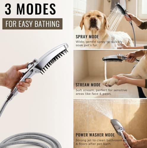 G-Promise 3 Mode Dog Shower Attachment with Pause Mode, Dog shower Sprayer with 100 Inches Hose, Metal Diverter, Adhesive Holder, for Fast and Easy Dog Bathing and Cleaning Indoor and Outdoor(Chrome) - Thumbnail 3