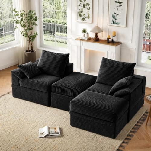 Ucozy 71" Modular Sectional loveseat Sofa Boneless Couch with Storage，2 Seat Comfy Modern Couch with Ottoman, 48" Deep Seat Corduroy Sofa for Living Room - Black