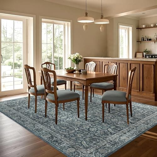 Brevonox Washable Living Room Rug: 8x10 Boho Vintage Soft Area Rug - Oriental Farmhouse Low Pile Thin Carpet for Bedroom Dining Room Home Office Decor Non-Slip Stain-Resistant - Smoky Indigo - Thumbnail 4