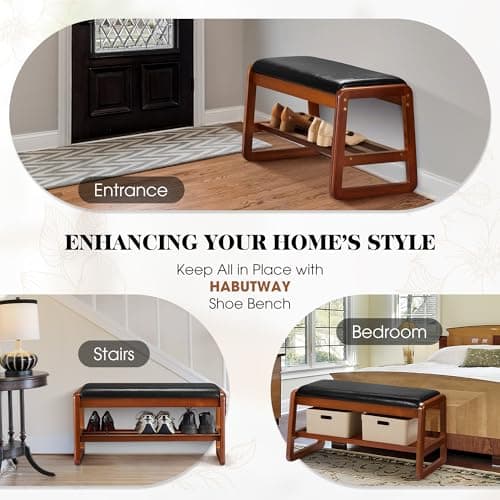 HABUTWAY Solid Wood Shoe Rack, Entryway Shoe Bench with Cushion, 2 Tier Shoes Organizer for Entryway, Hallway, Living Room-(Black,31.5"-M) - Thumbnail 5