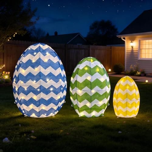 Outdoor Easter Eggs Yard Decor, Set of 3 Lighted Metal Egg Decorations with 90 LED Lights, 3D 24 Inch Light Up Plug in Festive Holiday Ornaments for Garden Patio Yard Porch Lawn Display - Image 1