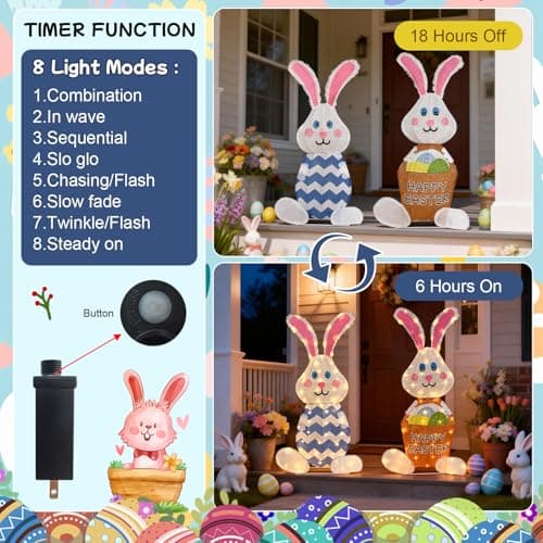 Outdoor Easter Rabbit Yard Decorations, 38 Inch Lighted Metal Decor with 120L, Set of 2 Plug-in LED Bunny Couple Festive Holiday Ornaments for Garden Patio Yard Porch Lawn Display - Thumbnail 2