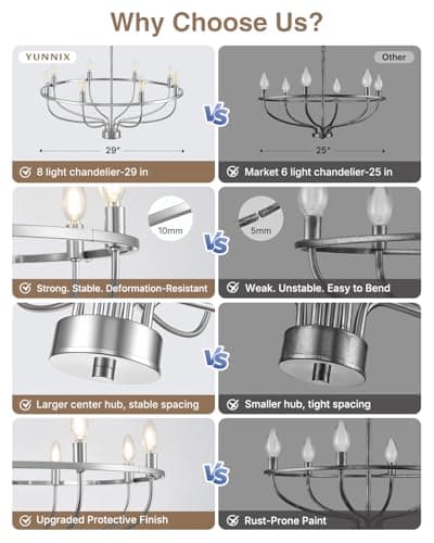 YUNNIX 8 Light Brushed Nickel Chandelier for Dining Room, 30 Inch Wagon Wheel Light Fixture, UL Whole Fixture, Silver Modern Farmhouse Candelabra Chandelier with Chain for Living Room, Entrance, Foyer - Thumbnail 6