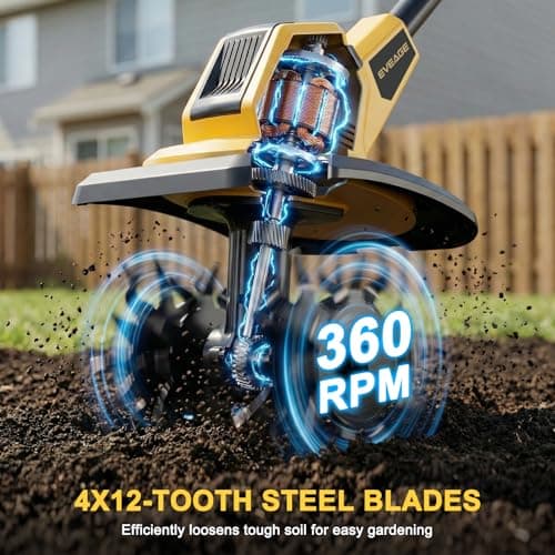 21V Cordless Tiller Cultivator, 2x4.0Ah Battery Powered Electric Garden Tiller, 360RPM Rototiller with 48 Steel Tines, 9.7" Width & 7" Depth, Lightweight Soil Tiller for Gardening - Thumbnail 4