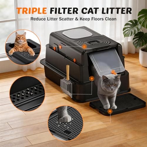 Stainless Steel Litter Box with Lid: XL Extra Large Cat Litter Box for Big Cats, Enclosed Kitty Litter Boxes with Drawer, High Sided Metal Cat Box with Scoop, Front & Top Entry, Odor Free, Non-Stick - Thumbnail 6