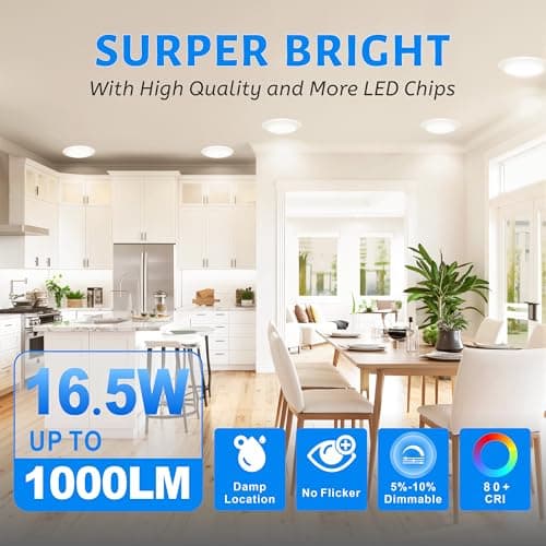 ECOELER 6 Inch LED Disk Lights, Dimmable Flush Mount Light Fixture, 16.5W 1000 Lumens, 5 Color Selectable Recessed Retrofit Ceiling Lights for Kitchen, Porch, Hallway, ETL & FCC - Thumbnail 2