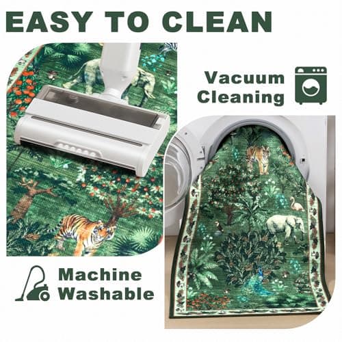 Yamaziot Hallway Runner Rug 2x10 – Jungle Animal Print Linen Rug with Non Slip Backing, Low Pile Washable Distressed Boho Carpet for Indoor Outdoor Rug, Kitchen, Bedroom, Entrance, Forest Green - Thumbnail 6