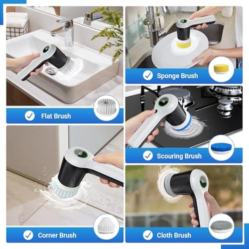 PUFTEM Electric Spin Scrubber, Cordless Shower Scrubber with Battery Level Display, 2 Speeds Electric Scrubber for Cleaning with 6 Replaceable Heads, Cleaning Brush for Bathroom/Sink/Window - Thumbnail 4