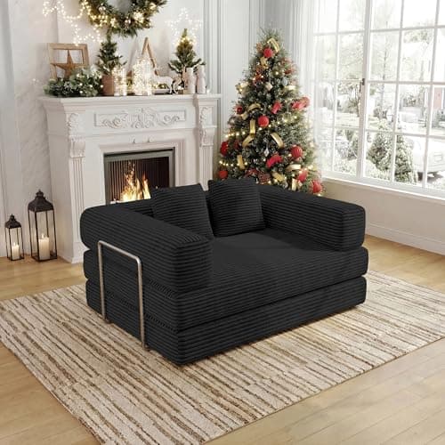 BSHOMGI Convertible Sofas Boneless Couches with 2 Pillow, Modern Corduroy Futon Bed, Modular Queen Sofa with Pull-Out Bed, LoveSeat for Living Room, Small Space Apartment BlackDouble Sofa - Image 1