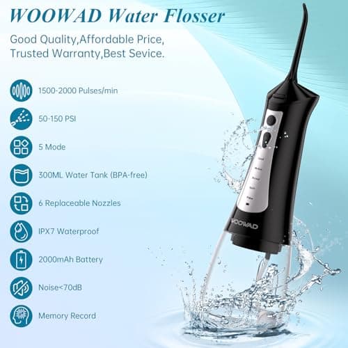 Water Flosser for Teeth 300ML Cordless,Portable Water Dental Floss Pick IPX7 Waterproof 5 Modes & 6 Jet Tips Noise<70db, Water Picks for Teeth Cleaning and Flossing, Braces, Gums,Oral Care - Thumbnail 2