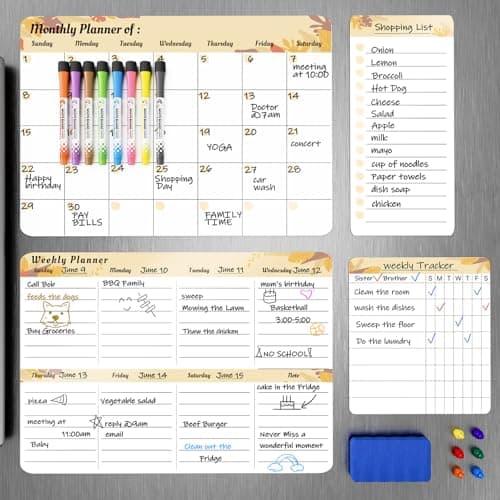 MARSROCK Refrigerator Calendar Magnetic, 16.3x11.7” (4-Pack) – Weekly & Monthly Planner, Chore Chart, Grocery/to-Do List for Fridge, Includes 8 Markers, 6 Magnets & 1 Eraser for Kitchen, Yellow - Image 1
