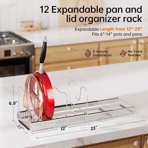 MUDEELA Pot Rack - Expandable Pots and Pans Organizer under Cabinet, Pot Lid Organizer Holder with 12 Adjustable Compartment, Kitchen Cabinet Organizer and Storage for Cutting Board, Skillets Pan - Thumbnail 2