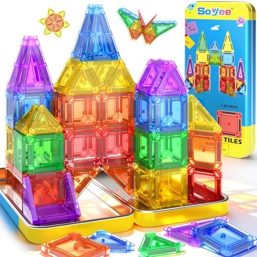 Soyee Mini Magnetic Tiles Travel Toddler Toys with Metal Tin Portable STEM Building Kids Toys for 3 4 5 6 7 8+ Years Old Boys & Girls & Birthday Gifts - Image 1
